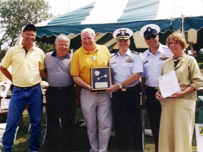 A proud moment...ALF obtained ownership of Little River Light Station from the Federal Government in 2002 through the NHLPA Program. (L to R at the 2002 ceremony) Bill Collette, ALF Vice-President; P. Dan Smith, Special Assistant to the Director of the National Park Service; Tim Harrison, ALF President; Commander Hank Haynes, USCG Commander Group Southwest Harbor; BMC Kenneth (Sam) Hill, USCG Aids to Navigation Team, Southwest Harbor and Saundra Robbins, General Services Administration, Boston, MA. (ALF photo)